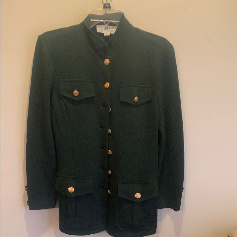 St.John Green Utility Blazer with classic gold buttons. Size 6